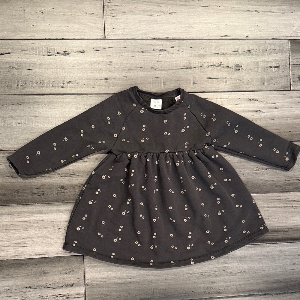 Zara Kids Gray  Floral Long Sleeve Dress - Small Daisy Print